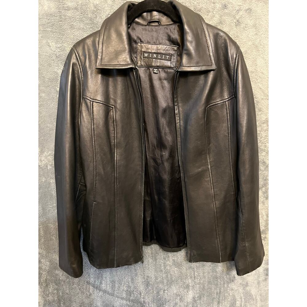 Winlit black distressed leather slim fit jacket women's sz M capsule wardrobe